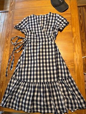 GAP Navy and White Gingham Wrap Midi Dress